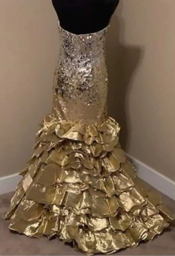 Gold silver sequin ruffle prom dress gown mermaid - Picture 4 of 5